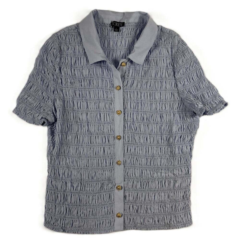 J.CREW Smocked Button Top Blouse Womens Size L blue Preppy Old Money - Picture 1 of 10